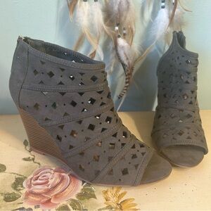 Dollhouse Olive Green Perforated Faux Suede Open Toe Wedge Heel Ankle Boots